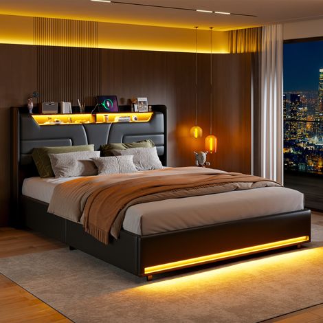 Lit coffre double adulte 160x200 cm avec rangement hydraulique, éclairage LED, ports USB, similicuir noir, facile à nettoyer (1/5)