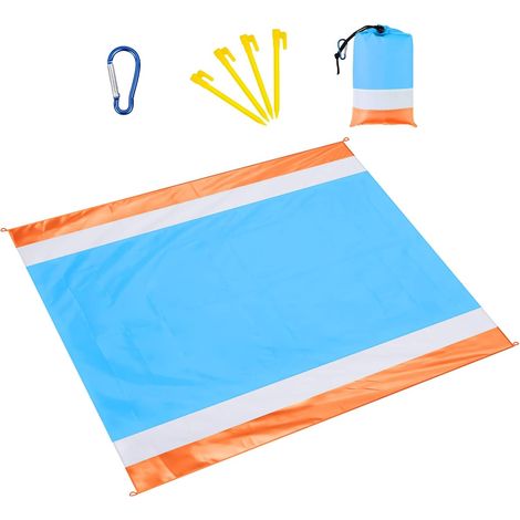 Tapis de Plage Couverture de Plage 210x200CM Couverture Pique Nique Anti-Sable,Tapis de Plage Imperméable avec 4 Piquets pour Plage, Camping, Picnic,Voyage,Bleu Orange (1/5)