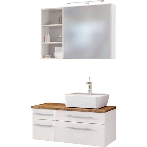 Badmöbel Set inklusive LED-Spiegelschrank 90 cm & Keramik Aufsatzwaschbecken Rechts TAREE-03, matt weiß