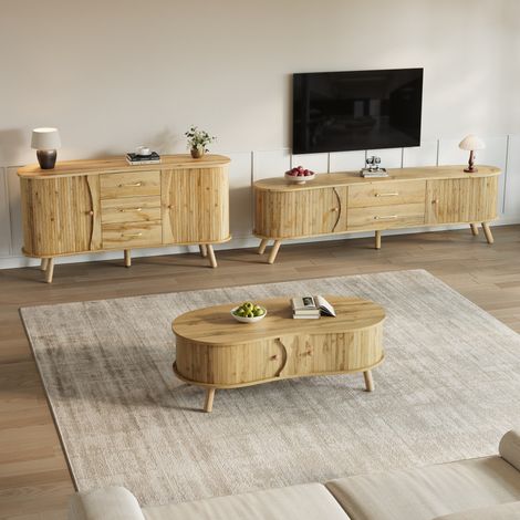 Ensemble de meubles de salon avec meuble TV, buffet et table basse, portes coulissantes et forme arrondie, en naturel