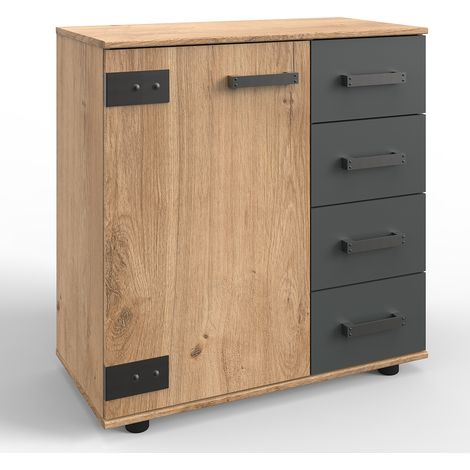 Commode meuble de rangement coloris imitation chêne poutre/graphite - Longueur 81 x Hauteur 90 x Profondeur 41 cm -PEGANE-