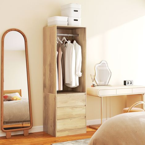 Couleur teck - Armoire à économie d’espace avec porte-linge, étagère ouverte et 3 tiroirs, armoire de chambre, unité de garde-robe, 5x185 cm (1/4)
