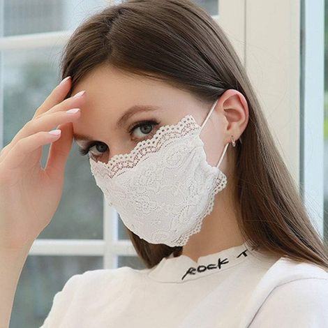Masque Facial - 100 % Coton Doux - Respirant Réutilisable - Avec Lanières Élastiques et Décoration Dentelle Perles - Pour Femme et Fille - 1 Pièce