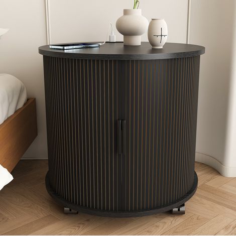 Mesita de noche con enchufe y 2 USB, puerta corredera, ruedas, 60 x 60 x 60 cm HAVRYA (1/5)