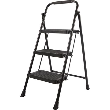 KOTARBAU® Escabeau 4 Marches - Escabeau Pliable - Acier Thermolaqué - Escabeau Escalier - Antidérapant et Stable - H : 69 cm - Noir (1/4)