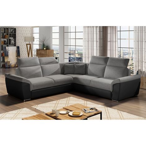 Canapé d'angle - convertible - FELIPE - en tissu gris clair et simili cuir gris foncé, 5/6 places (1/5)