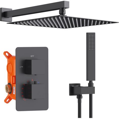Duschsystem nero con termostato incasso, soffione 12'' quadrato, miscelatore antiscottatura, set doccia con doccetta, corpo in ottone, design moderno bagno (1/5)