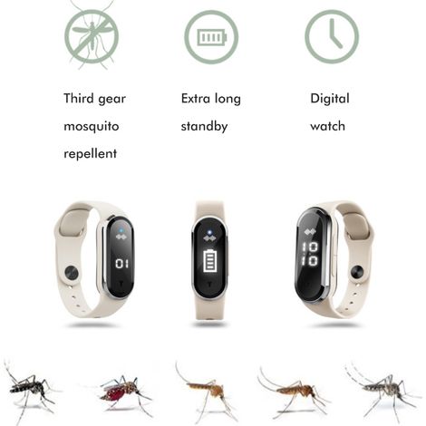 [Bracelet Anti-Moustique] Ultrasonique Rechargeable + Horloge Électronique - Silicone Noir/Blanc 26cm - Protection Multi-Fonctions (Température/Pas) (1/5)