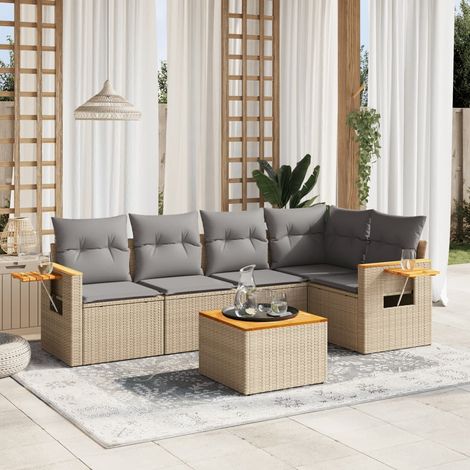 6-tlg. Garten-Sofagarnitur mit Kissen Beige Poly Rattan (1/3)