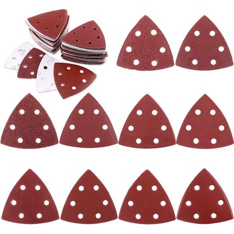 Lot de 100 papiers abrasifs triangulaires de 90 mm avec crochet et boucle assortis 40/60/80/120/180/240/400/600/800/1000 grains pour ponceuse orbitale aléatoire (6 trous) (1/5)