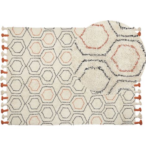 Alfombra de algodón beige naranja negro 140 x 200 cm a mano geométrico borlas Hajipur (1/5)