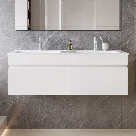 Ocean Sanitaire – Meuble sous vasque double vasque 120x45x40cm – Vasque en céramique – 2 portes – MDF anti-déformation – Design moderne blanc (1/5)