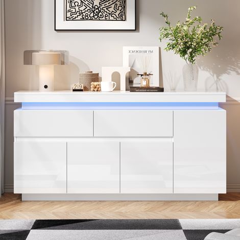 Buffet 140x35x72.5cm - tiroirs laqué brillant - 4 portes - meuble sur pied avec éclairage LED, blanc (1/5)