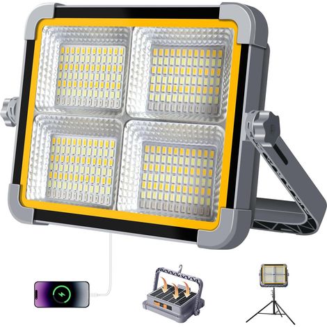 150W Solaire Projecteur LED Rechargeable 7800mAh  336 LEDs, 4 Modes, Panneau Solaire, Portable Lampe de Travail pour Camping, Chantier, Atelier, Garage, Urgence, Extérieur (1/5)