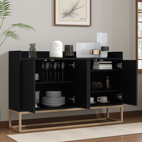 Buffet Bahut Salon avec 4 portes et 3 étagères, Meuble Salle à Manger avec Pieds en Métal, Armoire Bas, Style Moderne, 120x30x80cm, Noir (1/5)