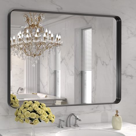 Miroir de Salle de Bain avec Cadre en métal Noir Mat, 101,6 x 76,2 cm, Grand Miroir rectangulaire Arrondi, Anti-Rouille, Verre trempé, à Suspendre horizontalement ou verticalement (1/5)