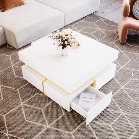 Table basse blanche brillante 70x70 cm avec 2 tiroirs, table de salon moderne avec détails dorés, meuble canapé élégant (1/5)