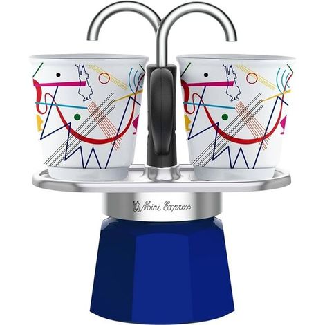 Set cafetiere italienne + 2 tasses - BIALETTI - Mini-express KANDINSKY - 100 ml - Inox / Bleu (1/2)