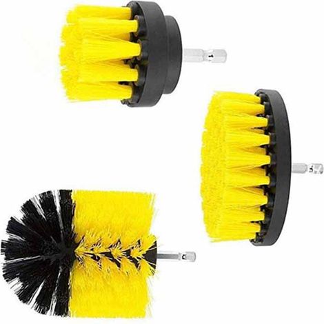 Ensemble de trois brosses jaunes pour perceuse électrique : brosse pour sol, brosse pour tapis, brosse pour carrelage en verre, brosse pour bac d’évier, brosse pour jantes, brosse pour toilettes, bros (1/5)