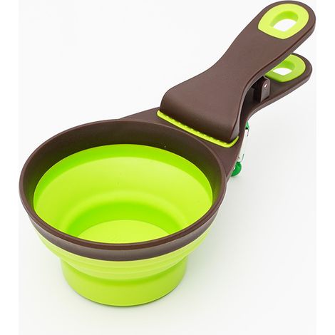 Mehrzweck-Tierfutterschaufel, 3-in-1, faltbarer Silikon-Messbecher und Beutelverschluss-Clip für die Aufbewahrung von Futter, Wasser, Snacks und Reisen für Hunde und Katzen, 16,8 cm (1/5)