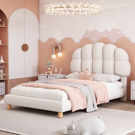 Einzelbett 90x200 cm, Plüschstoff, gepolstertes Kopfteil, Bettgestell, Lattenrost, Kinderbett für Jungen und Mädchen, Weiß (1/5)