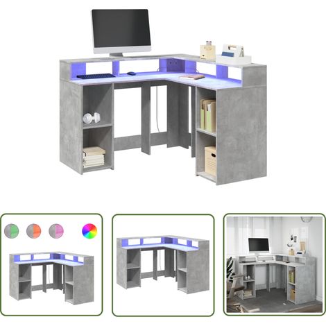 vidaXL Bureau et lumières LED gris béton 130x130x91cm bois ingénierie (1/5)