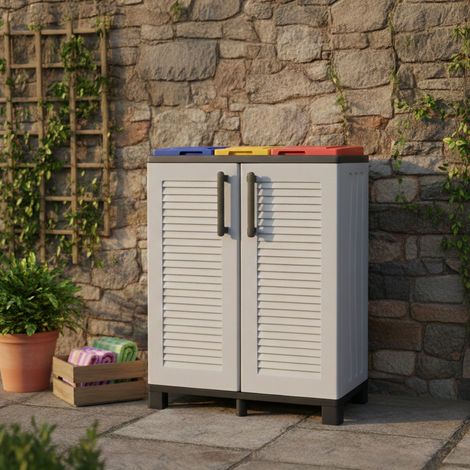 Dmora Armario de basura para exteriores o internos, puerta móvil 3 bolsas a 2 puertas, 100% Made in Italy, 68x37h90 cm, color gris claro y tapas de colores (1/3)