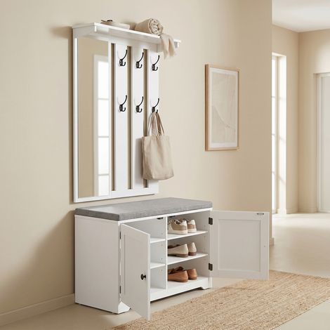 Vestiaire d'Entrée avec Miroir et Banc à Chaussures, Meuble de Couloir, 82 cm, Blanc (1/5)