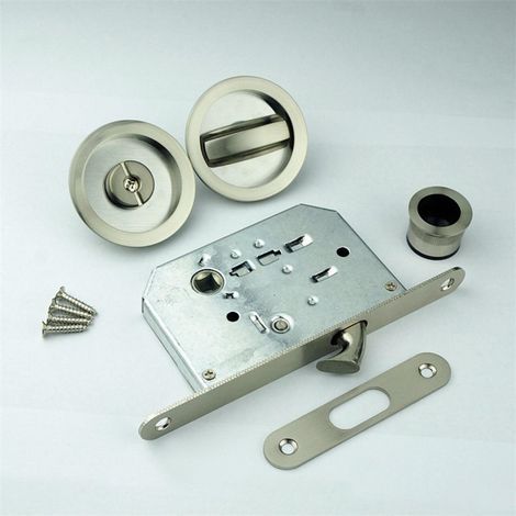 Kit Serrure pour Porte Coulissante - Serrure à condamnation et Poignées cuvettes Rondes encastrables - Ø intérieur poignées 48 mm - Acier Finition nickelé brossé, Inclus Tire-Doigt, gâche, vis (1/5)