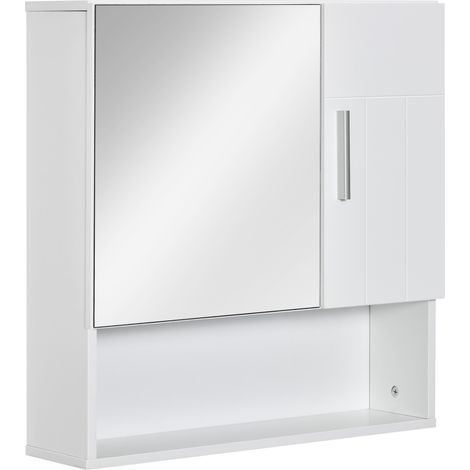 Specchio Bagno Contenitore con Mensole Regolabili, Specchiera Bagno con Contenitore a 2 Ante e Ripiano Aperto in Legno e Vetro, 54x15.2x55.3 cm, Bianco