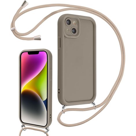 Coque pour iPhone 14 6,1" avec Cordon de Collier Réglable, Etui Protection de la Caméra Silicone Souple TPU Antichoc Housse avec Corde Lanyard Cover pour Femmes Filles, Kaki (1/5)