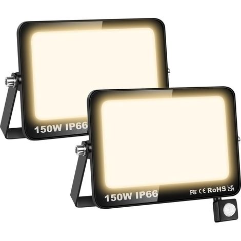 2 Pcs Projecteur led extérieur avec detecteur de mouvement, 150W 15000LM 3000K Blanc Chaud Spot led extérieur, IP66 Étanche eclairage de sécurité floodlight pour Terrasse Garage Jardin