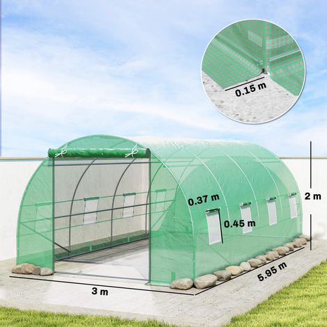 Serre tunnel avec porte sectionnelle et 8 fenêtres, couverture en polyéthylène et serre de jardin à structure métallique, 6 x 3 x 2 m, verte (1/5)