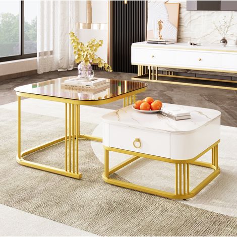Table basse gigogne 60x60x44,5 cm blanc et or – avec tiroirs, 2 pièces (1/5)