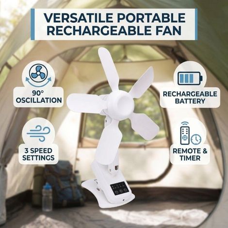 Ventilateur A Clipser - Batterie Rechargeable 4000 MAh - Rotation 90° - Pour Tente Camping Voiture Intérieur Extérieur - 1 Pièce (1/4)