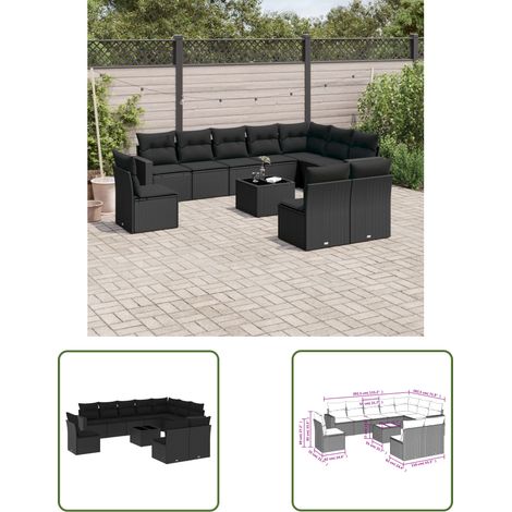 The Living Store Salon de jardin 11 pcs avec coussins noir résine tressée - Ensemble Salon De Jardin - Meuble De Jardin - Résine Tressée - Rotin Synthétique - Mobilier D'extérieur (1/3)