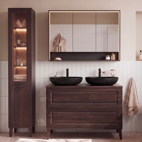 Doppelwaschbecken-Set 120 cm mit Unterschrank und Spiegelschrank in Moka, dunkles Holz (1/5)