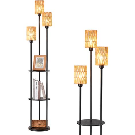 EDISHINE Stehlampe Wohnzimmer 178cm, 3-flammige Vintage Stehleuchte mit Regal & Rattan-Lampenschirm, 3 x E27-Fassung, inkl. Leuchtmittel, Boho Stehlampe mit Fußschalter, Schwarz