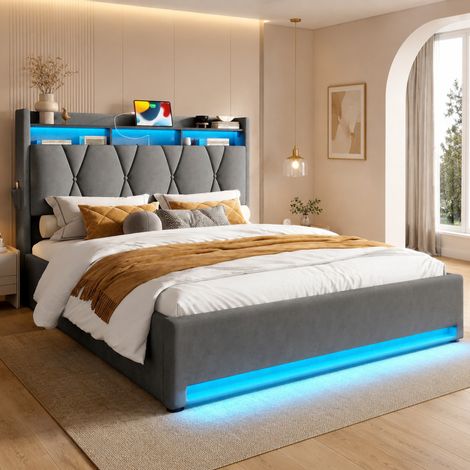 Cama tapizada (221x170x116.5 cm), cabecero abatible con almacenaje, LED, USB y Type-C, terciopelo gris oscuro (1/5)