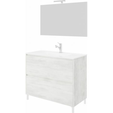 Meuble de salle de bain sur pied 80 cm en stratifié chêne blanc – Vasque simple avec miroir et lampe LED – Tiroirs à fermeture lente (1/8)