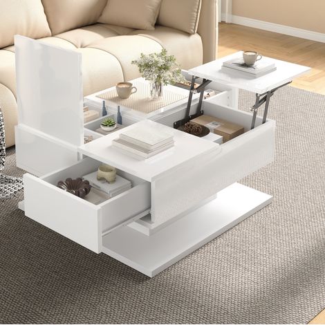 Couchtisch 72x72x35 cm, höhenverstellbare Platte, Klappdeckel mit Fächern, MDF und Spanplatte, Weiß (1/5)