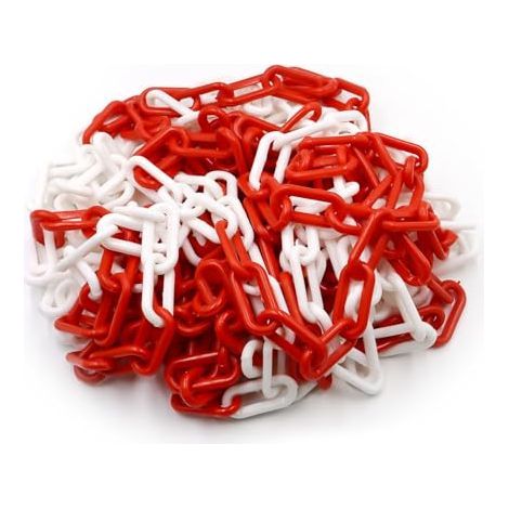 [JAMAIS UTILISÉ] Chaîne de signalisation en plastique rouge et blanc 10 m x 8 mm - Chaîne de signalisation légère et pratique avec 4 crochets en S - Chaîne en plastique pour bloquer les surfaces (1/5)