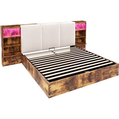 Cama con canapé 180 x 200 cm con cabecero tapizado, 6 nichos de almacenaje y LED, marrón (1/5)