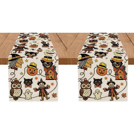 Chemin de table rétro Halloween, une décoration de table en toile polyester de style, adaptée aux restaurants et aux fêtes (33 x 183 cm)(2 pièces) (1/5)