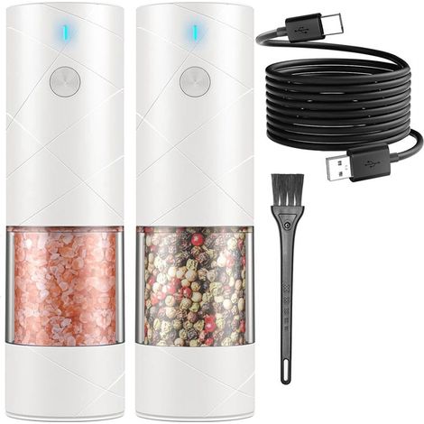 Ensemble de 2 moulins à sel et poivre électriques rechargeables par USB, moulin à sel et poivre automatique à mouture réglable, blanc