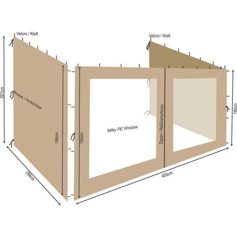 Quick-Star – Panneaux latéraux pour pavillon 3x4m – 2 côtés sans fenêtre – 1 côté avec fenêtre – 100% polyester beige – Fixation par velcro