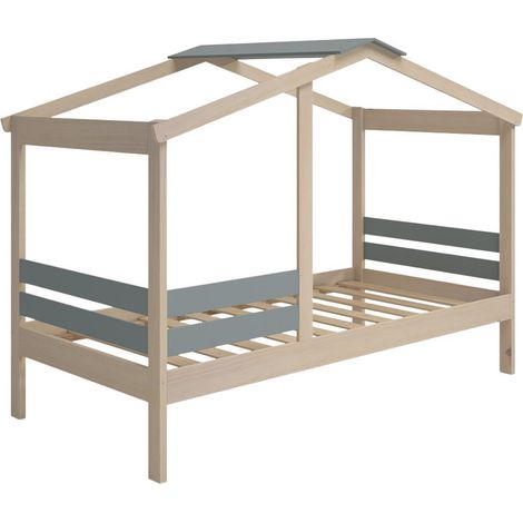 Lit cabane 90x190 avec barrière en pin massif naturel et MDF laqué vert kaki - MESSA