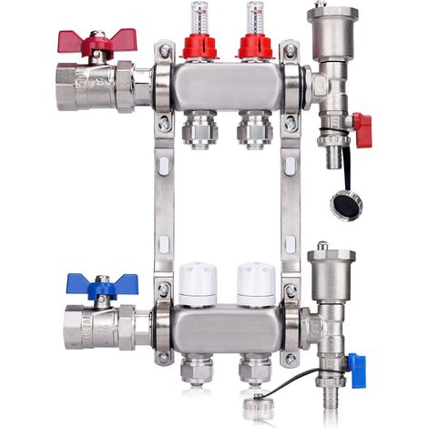 Kit Collecteur Radiateur, 2 Circuits Distributeur Chauffage, avec Eurocône 3/4 (16 x 2 mm), Vannes à Boisseau Sphérique 1", avec Purgeur Manuel et Débitmètre, Distributeur HKV