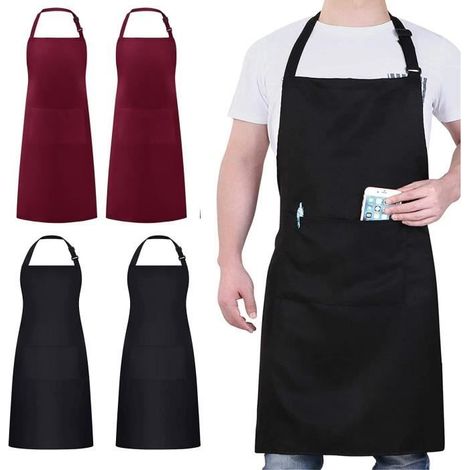 4 Pack Chef Tabliers, Noir Tablier avec 2 Poches, Etanche Réglable Tablier pour Homme Femme,Tablier Cuisine Professionnel,noir/vin (1/4)