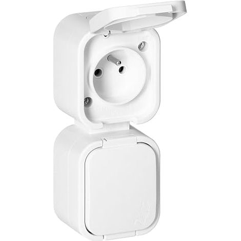 Prise Double Verticale Type E Double Prise Electrique Saillie avec Clapet Prise de Courant Murale pour Garage, Atelier et Exterieur (blanc) (1/5)